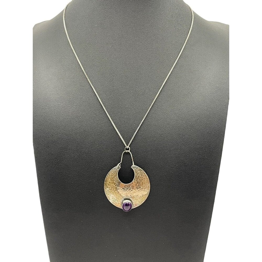 Hammered Sterling Silver 925 Amethyst Cabochon Pendant Necklace‎ Italy Vintage